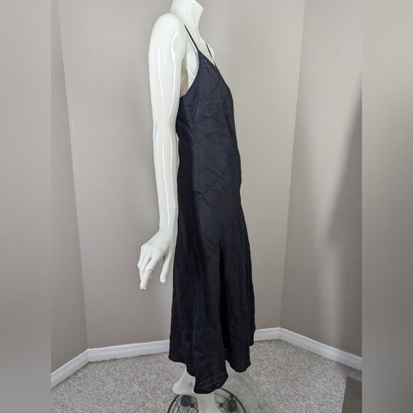 Etam Linen Blend Bias Cut Slip Dress Black Y2K Midi Lined Size S/M - Picture 7 of 8